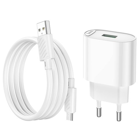 Сетевое зарядное устройство Hoco C109A, 18 Вт, Quick Charge, белый, с micro-USB кабелем тип-В, 1 порт, #6931474784827 Превью 1