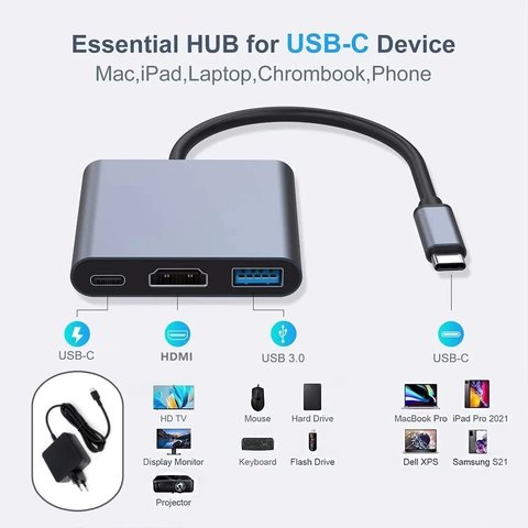 Адаптер Type-C - HDMI + USB3.0 + Type-C, конвертер, белый, hub Превью 5