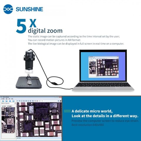 Microscopio Sunshine DM-1000S, USB, 2.0 MP, iluminación superior, hasta 1000X Vista previa  1